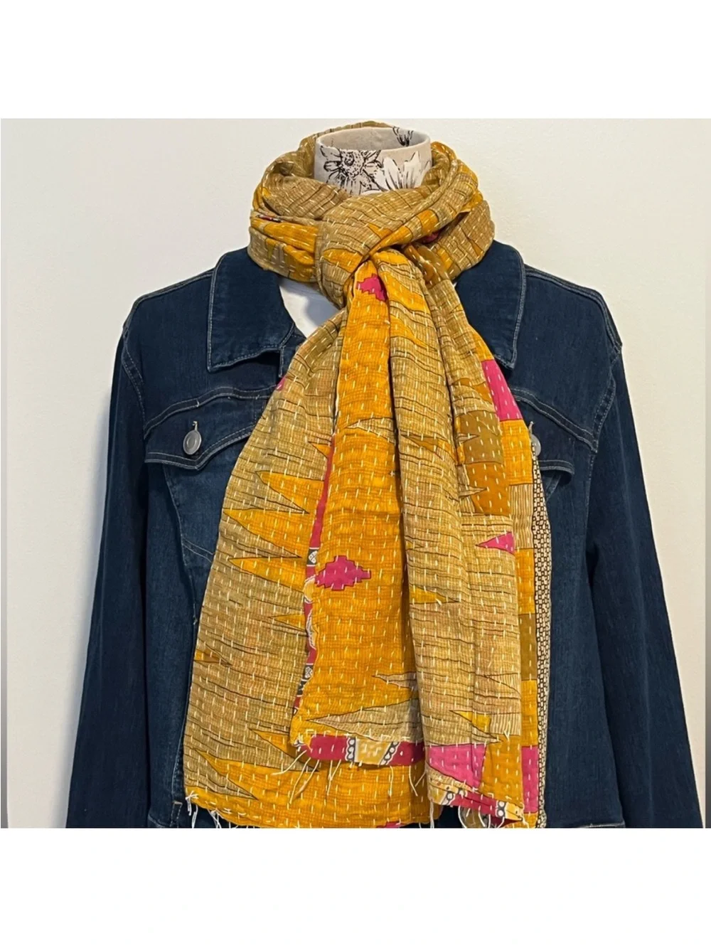 Beautiful Reversible Kantha Scarf in pink, red, yellow and blue